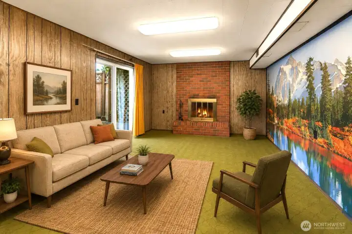 Large rec room on the lower level with brick fireplace and access to the enclosed patio through the slider. *Virtually staged* Large rec room on the lower level with brick fireplace and access to the enclosed patio through the slider. *Virtually staged*