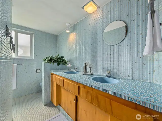 Downstairs 3/4 bath and impressive tile work from back in the day.