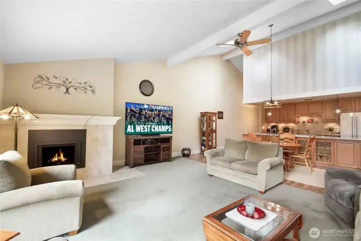 Gas fireplace easily heats entire unit (individual wall heaters as an option too)