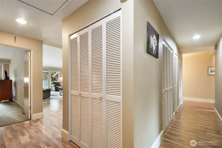 Looking toward great room and primary bedroom; there is a large pantry and also laundry in this hallway. PLUS drop down stairs to attic storage area with light