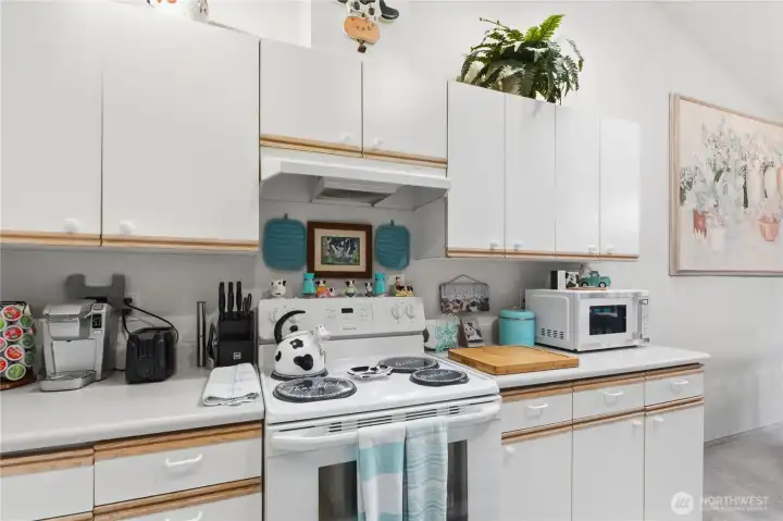 The skylight located above the kitchen keeps it nice and bright.