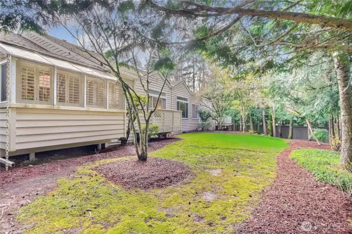 Sunroom and rear deck with views to trees and grass area.