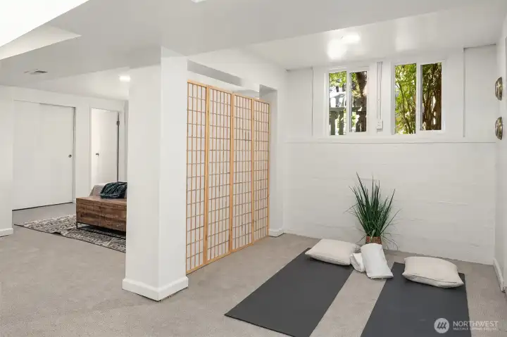 Downstairs has gym space.