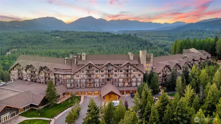 Classic lodge architecture blends seamlessly with the natural setting.