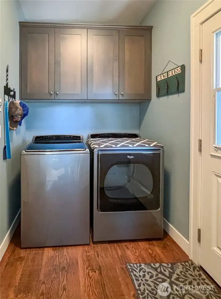 Utility room with access from garage and access in to kitchen and main floor bath.