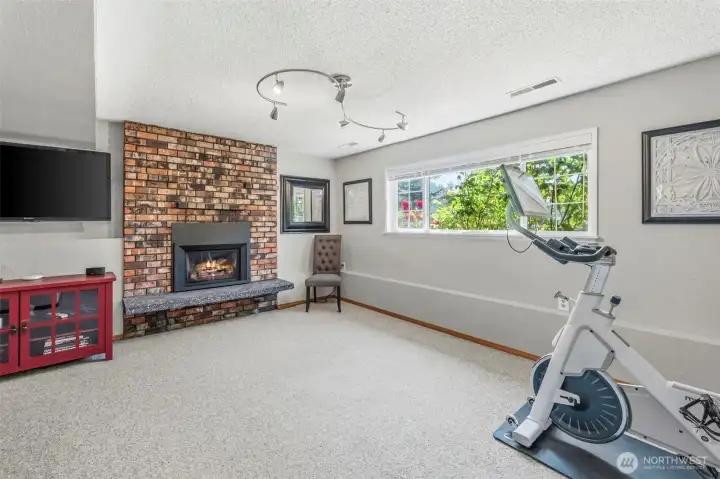 Large lower-level family room with gas fireplace, oversized windows, and versatile space for a media room, gym, another bedroom or recreation area.
