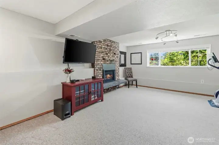 Open lower-level living space with gas fireplace and generous square footage, creating the perfect secondary gathering area.