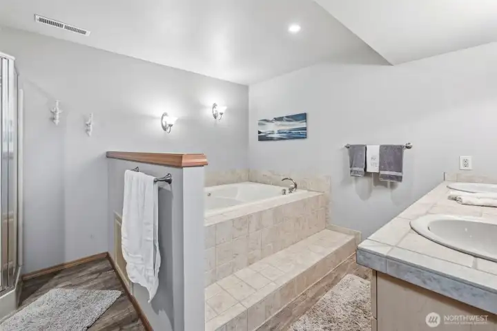 Lower level bathroom featuring a relaxing jetted soaking tub, spacious layout, and private convenience.
