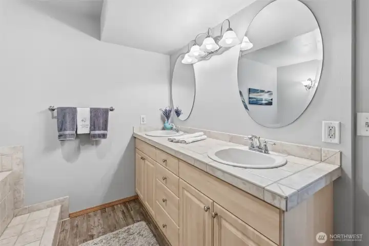 Large double vanity with ample storage and updated finishes provides both style and functionality in the lower level bathroom.
