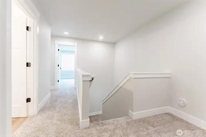 Comfortable upstairs landing connects the two bedrooms and their shared full bath.