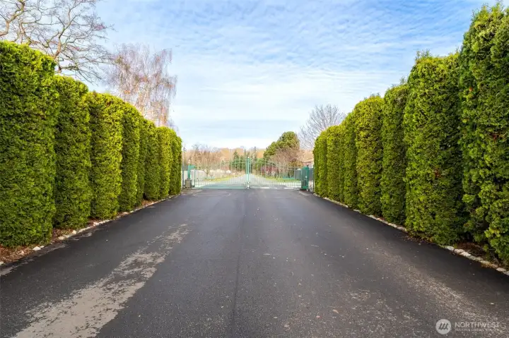 Lush, hedge-lined street just beyond the gate adds privacy and a true sense of arrival as you enter the community.