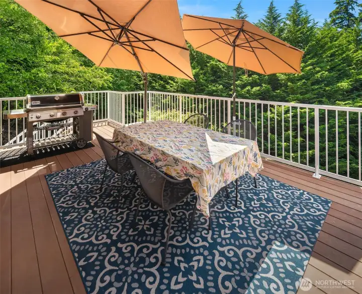 Naturally, the deck is already equipped with a gas connection for your barbecue, and with its 12-foot width, there is plenty of room to dine, gather, and entertain with ease. Naturally, the deck is already equipped with a gas connection for your barbecue, and with its 12-foot width, there is plenty of room to dine, gather, and entertain with ease.