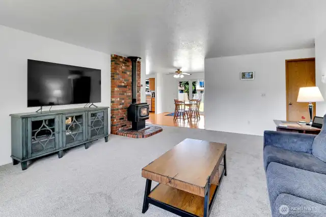 The wood stove will keep you warm throughout the cold winter days.