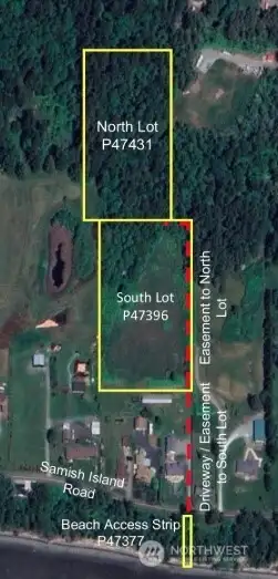 This shows the second lot that includes a beach access strip on the south side of Samish Island Drive. Boundaries are approximate