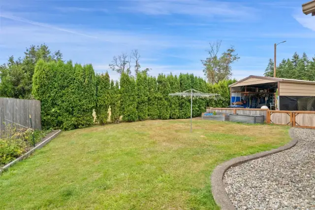 Fenced off back yard for a small dog, raised garden beds, and carport.