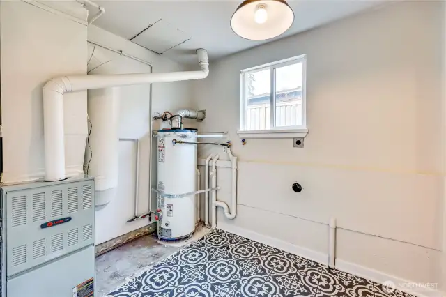 Laundry room, furnace, and hot water heater