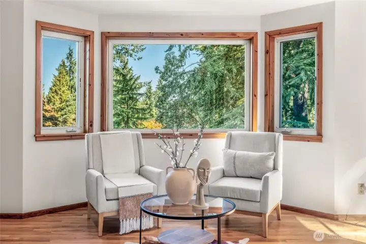 Enjoy views of nature and the Cascade Mountains on clear days. Facing northeast, it's the perfect spot to enjoy the sunrise while you read the paper and sip your morning coffee.