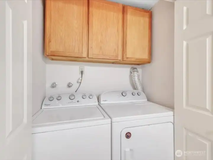 Utility area is located in full bathroom. Cabinets added for storage.