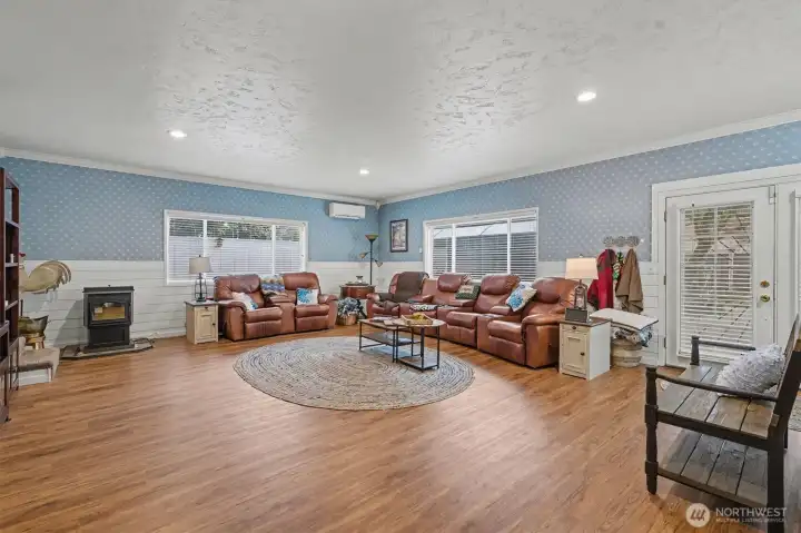 HUGE Family Room w/ Cozy Pellet Stove and Ductless Mini Split Heating and Cooling.