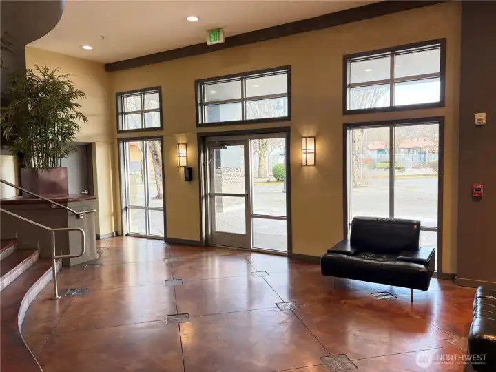 Building lobby with upscale finishes and welcoming common areas.