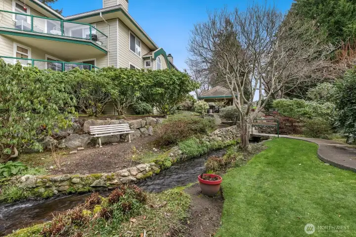 The namesake creek of the development runs between the two buildings and attracts ducks.  This area is lovely and well landscaped.