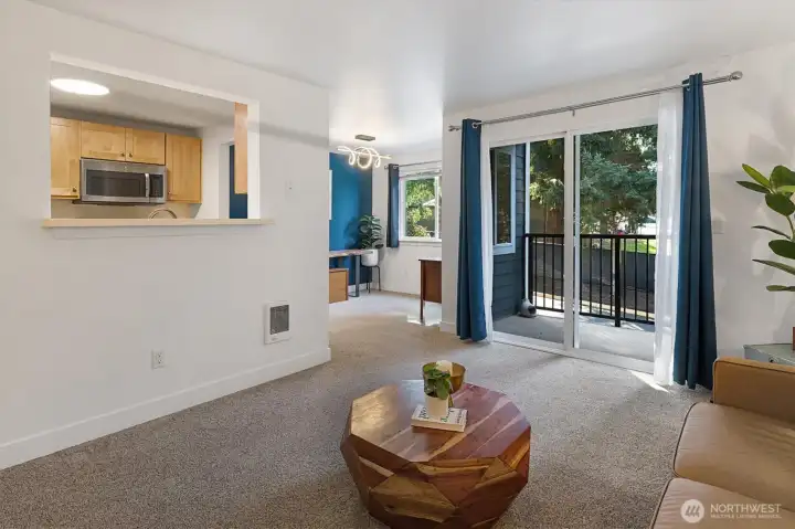 Sliding patio doors lead onto