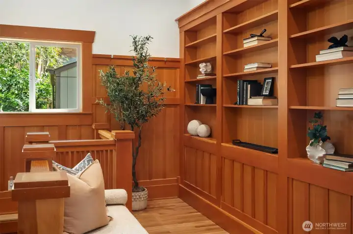 Stunning built-ins abound throughout the home including this library just off the formal entry. Stunning built-ins abound throughout the home including this library just off the formal entry.