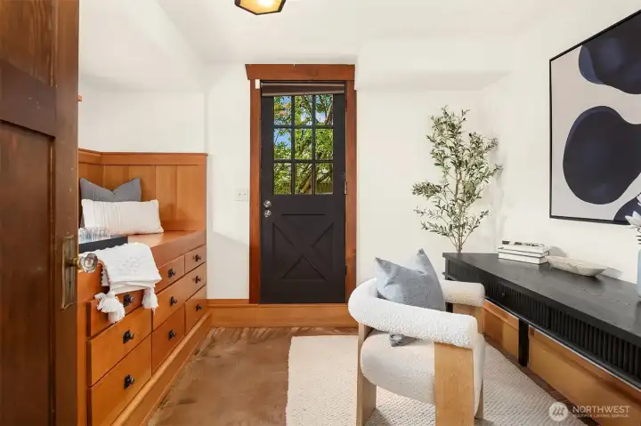 The third bedroom located downstairs also features a closet and built-in bank of drawers. The third bedroom located downstairs also features a closet and built-in bank of drawers.