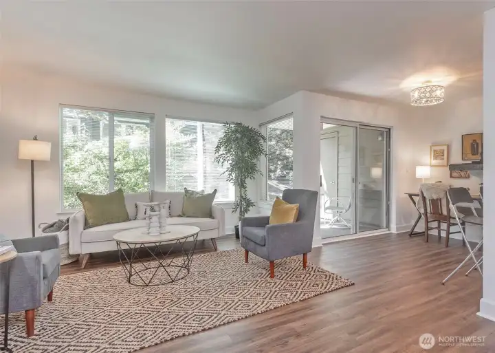 Light filled garden view. Notice the low maintenance LVP floors.