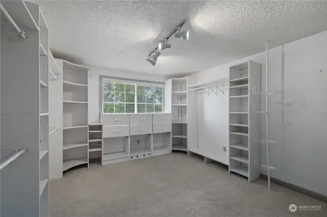 Primary suite walk in closet with amazing natural light.