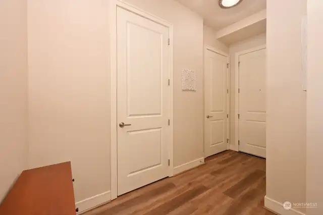 Inside Unit 201, looking toward the entry. Off the entry is as extra large closet storage space the door to the left is a lovely half bath with stone tile work. New laminate wood floors.