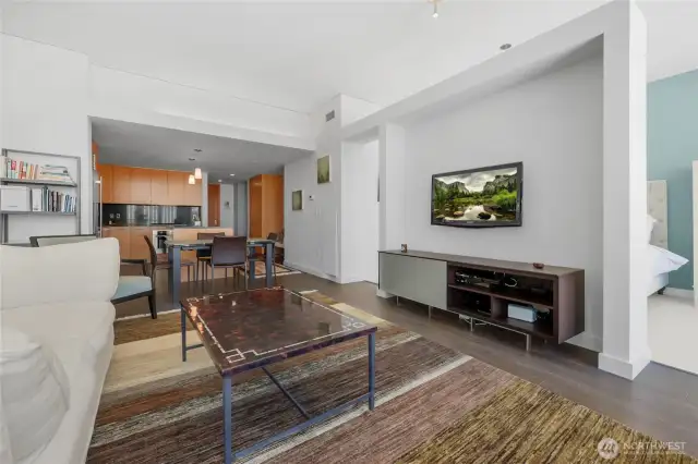 Open floor plan with living/dining area and modern kitchen