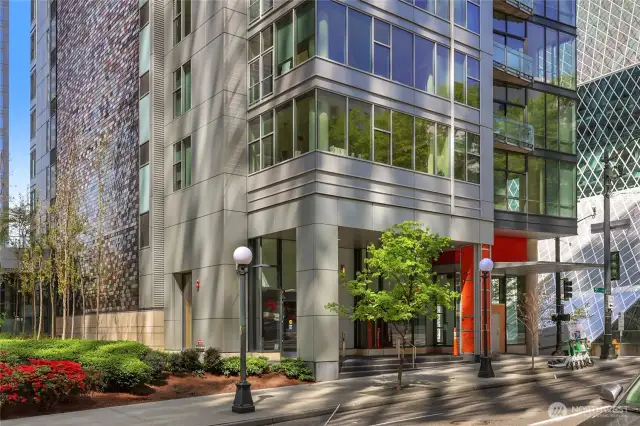 Entrance of building at corner of 5th & Madison across the street from the award winning Seattle Public library!