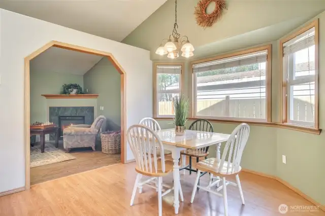 The eating area also features bay windows