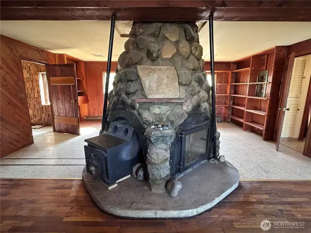 Central Fireplace, Bathroom door on Right - Backroom Entrance to Hot tub & Add'l Room on Left