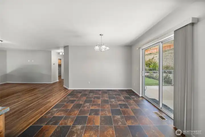 From kitchen, looking towards the living room to the left and the dining room to the right.