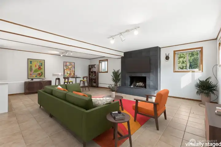 Virtually Staged lower level rec room