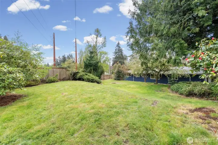 Fully fenced backyard with expansive lawn and mature trees creating a private outdoor setting. Open space offers room for play, gardening, or future outdoor enhancements.