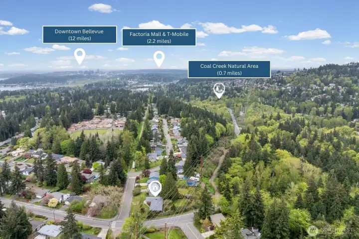 Close to Factoria, T-Mobile, and Coal Creek Natural Area for the perfect balance of work and outdoor lifestyle. Easy access to downtown Bellevue and surrounding tech hubs.