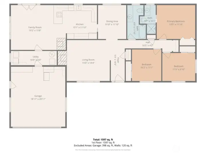 Thoughtfully laid out single-level floor plan with defined living spaces and bedroom wing.