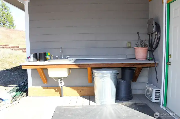 Close up of the covered outdoor area off the detached structure.