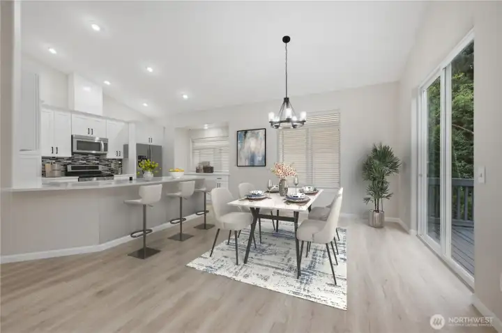 Dining area with eating bar at the kitchen - Virtually Staged Dining area with eating bar at the kitchen - Virtually Staged