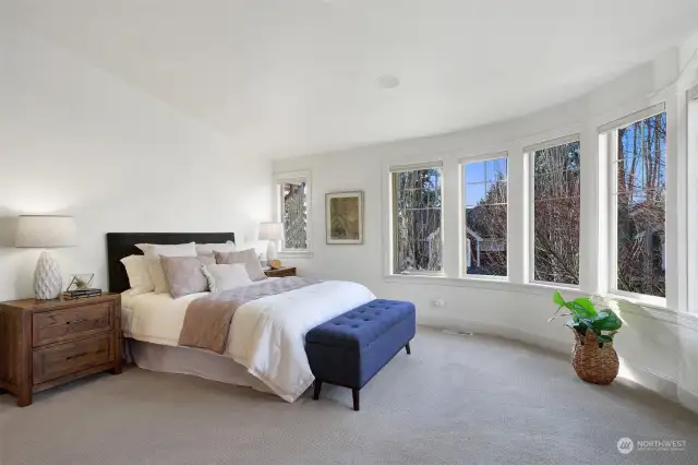 Relaxing primary suite with remote controlled blinds, soaking tub and gas fireplace. Rounded, sheer wall of windows and vaulted ceilings bring in the natural sunlight year-round. This bedroom design is one of a kind.