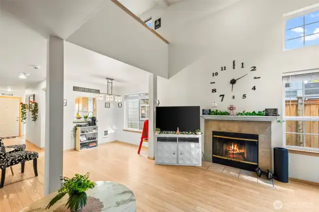 Living room, fireplace, vaulted ceilings