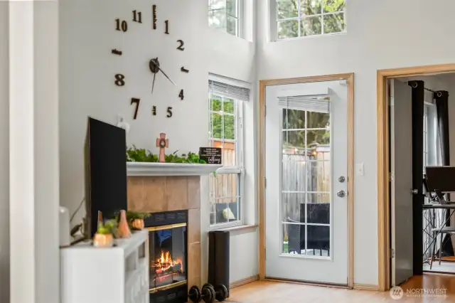 Living Room, fireplace, doorway to backyard