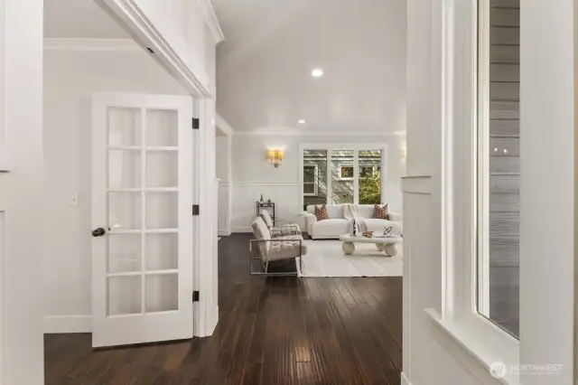 Just off the front entry, a large, light-filled office offers an inspiring space for work, study, or creative pursuits--all with the convenience of being near the heart of the home.