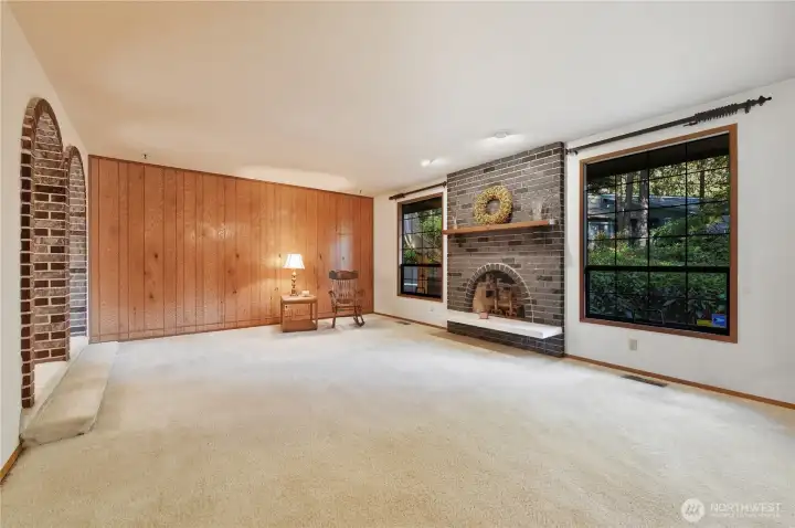 Living room and wood fireplace
