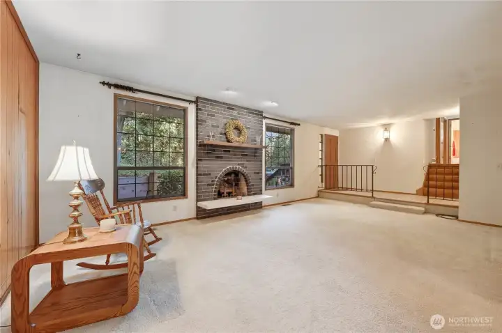 Living room and wood fireplace
