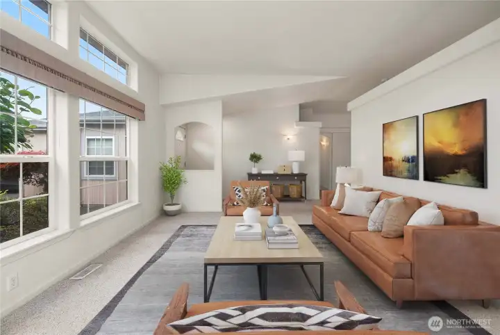 Virtually staged formal living room.