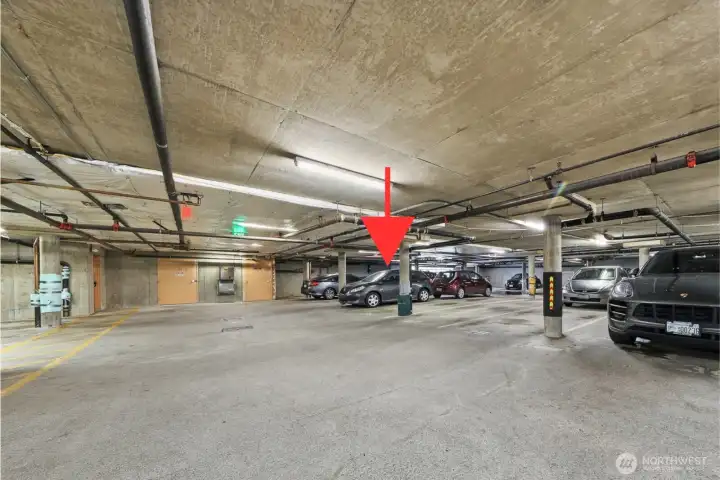 Convenient parking spot in a secured garage.